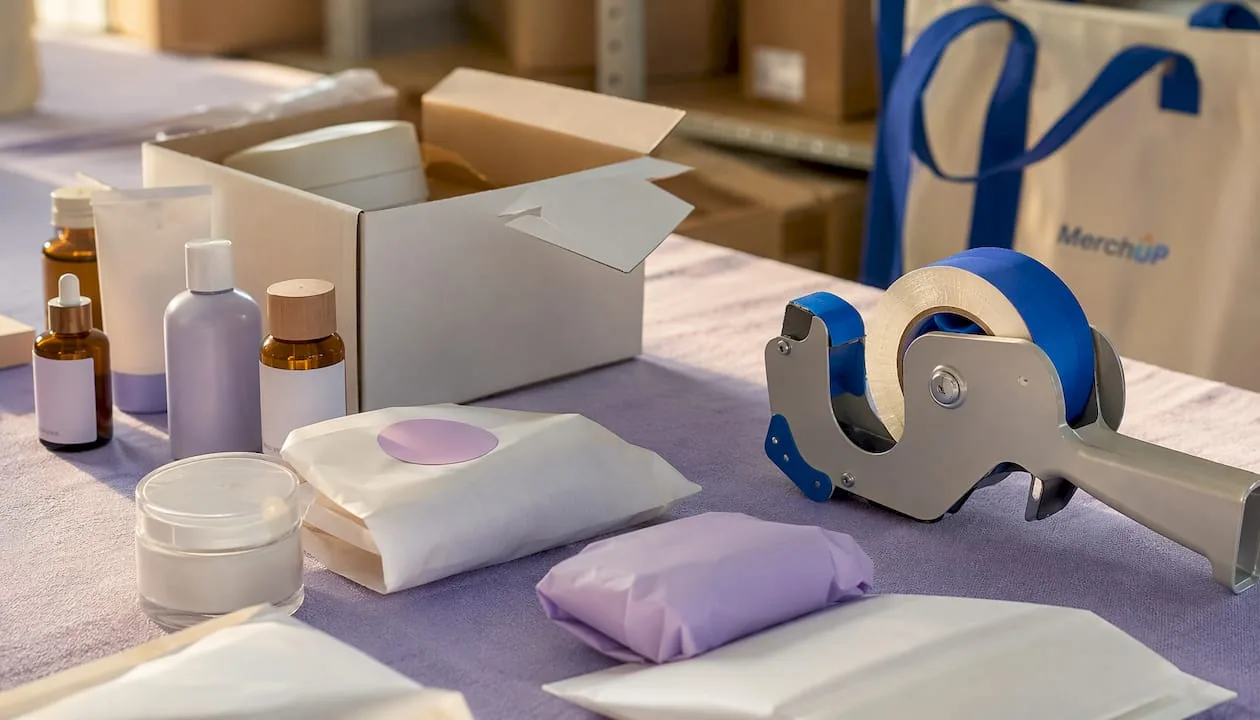 Flat-lay of e-commerce product packaging and tools