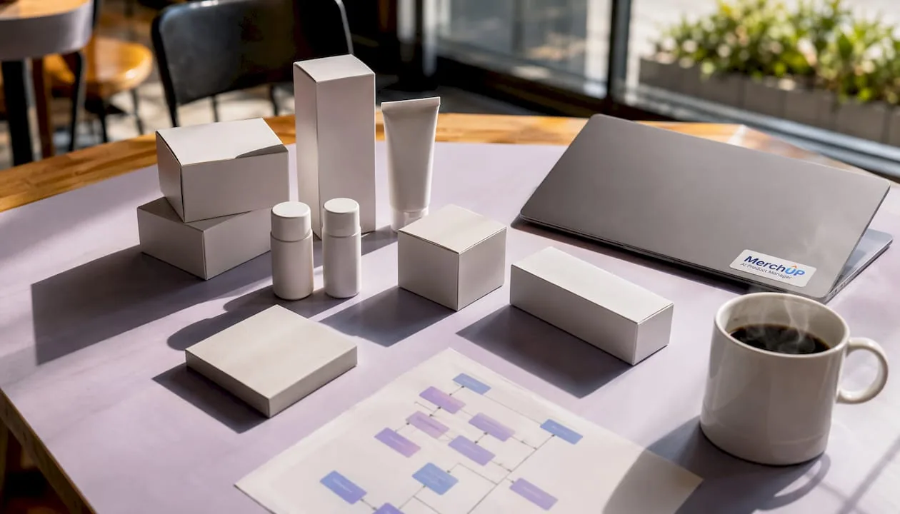 Flat-lay of ecommerce product packaging and schema setup