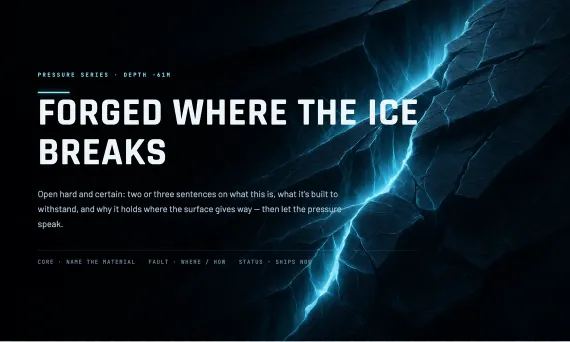 Crevasse product description template — fractured glacial-ice, faceted pressure planes