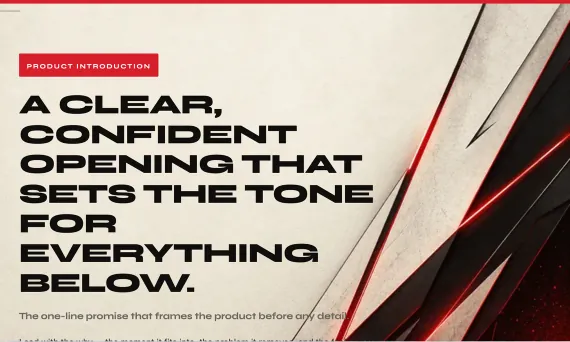 Lumen product description template — editorial poster masthead, crimson-ruled