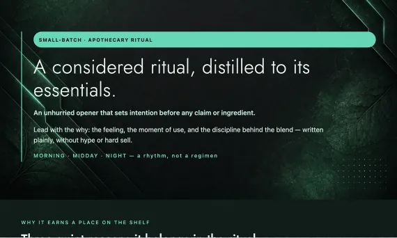 Elixir product description template — botanical apothecary, deep-green & mint